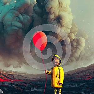 Little boy in raincoat with balloon on background of volcano.