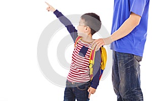 Little boy raise hand to point with father