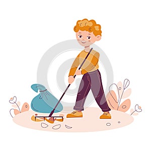 A little boy rakes the foliage debris. Garbage recycling nature cleaning concept. Vector illustration in flat cartoon