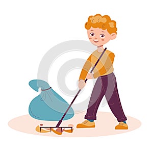 A little boy rakes the foliage debris. Garbage recycling nature cleaning concept. Vector illustration in flat cartoon