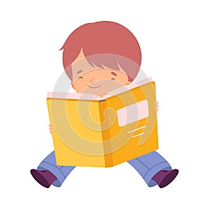 Little Boy Reading Book, Adorable Kid Sitting on Floor with Book, Education and Imagination Concept Cartoon Style Vector