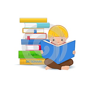 Little boy reading book. Boy with stack of colored textbooks