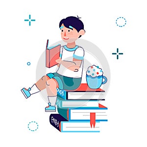 Little boy reading a book - cartoon child sitting on stack of books