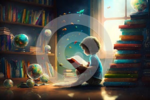 Little boy reading book in front of bookshelves. Generative AI