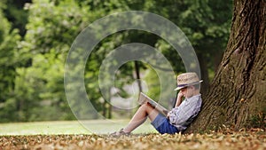 Little boy reading a book sitting at the foot of a big linden tree