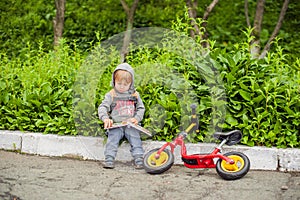 Little boy reading a book under big linden tree