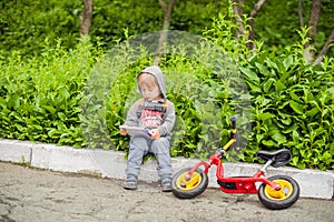 Little boy reading a book under big linden tree