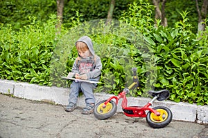 Little boy reading a book under big linden tree