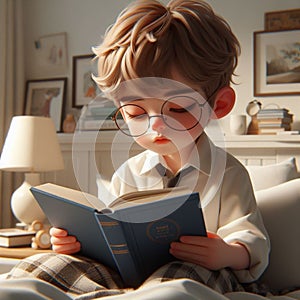 Little Boy Reaing Book on His Bed Illustration