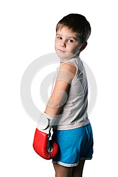 Little boy with red boxing gloves on white background isolated