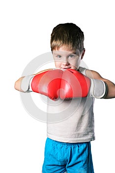 Little boy with red boxing gloves on white background isolated