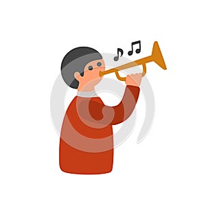 Little boy in red clothes playing beautiful music on the trumpet.