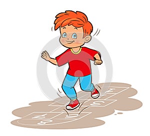 A little boy with red hair and a red T-shirt is jumping while playing hopscotch. Vector illustration in cartoon style