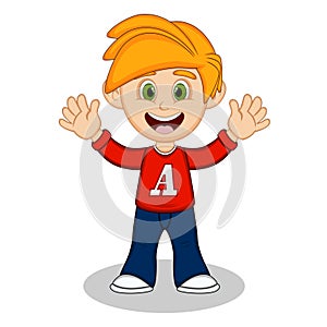 Little boy with red long sleeved shirt and blue trousers waving his hand cartoon