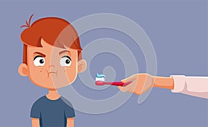 Little Boy Refusing to Brush Her Teeth Vector Cartoon Illustration