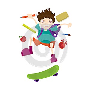 Little boy ride a skateboard isolated on background. Back to school concept. illustration in cartoon character flat style