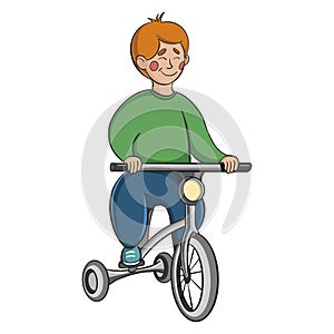 Little boy rides a bicycle. Vector illustration on white.