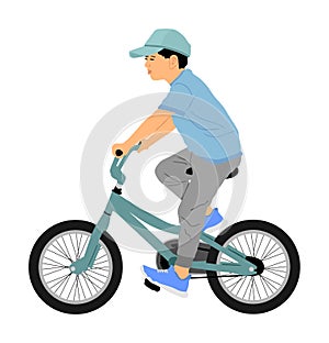 Little boy riding bicycle vector illustration isolated on white background. Kid enjoying in bike drive. Child active outdoor.