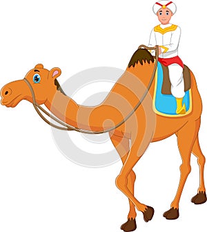 Little boy riding camel on white background