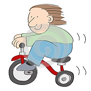 Little boy riding fast on a red tricycle isolated on white background - hand drawn vector illustration