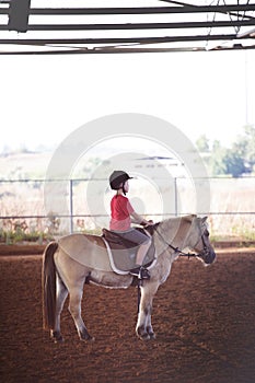 A little boy riding a horse. First lessons of horseback riding