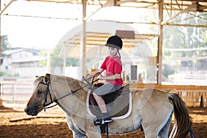 A little boy riding a horse. First lessons of horseback riding