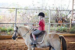 A little boy riding a horse. First lessons of horseback riding