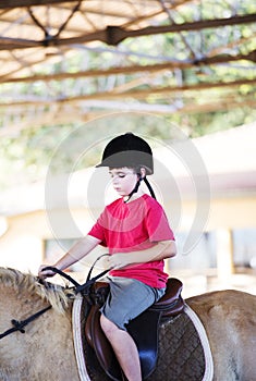 A little boy riding a horse. First lessons of horseback riding