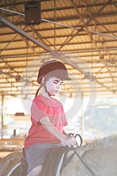 A little boy riding a horse. First lessons of horseback riding