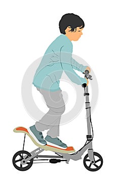 Little boy riding scooter, vector illustration isolated on white background, children scooting.