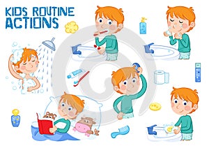 Little boy and daily routine - cartoon character - illustration