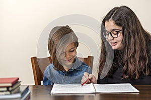 The little boy`s older sister teaches his brother