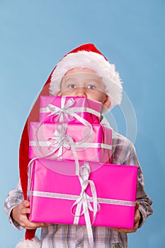 Little boy santa helper hat with pink gift boxes