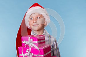 Little boy santa helper hat with pink gift boxes