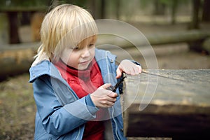 Little boy saws log with a small penknife during walking in the forest at spring or autumn. Outdoor activities for kids