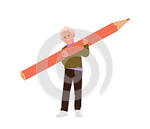 Little boy school child cartoon character holding giant red pencil stationery for studying
