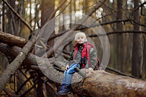 Little boy scout with binoculars during hiking in autumn forest. Child is sitting on large fallen tree and looking through a