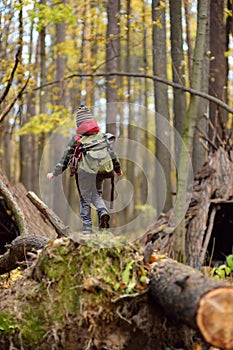 Little boy scout during hiking in autumn forest. Behind the child is teepee hut. Adventure, scouting and hiking tourism for kids