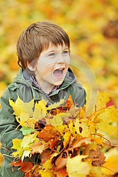 Little boy screaming while holding leaves in the park