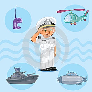 Little boy seaman with a warship, submarine and helicopter