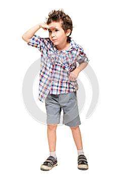 Little boy seeking with visor hand