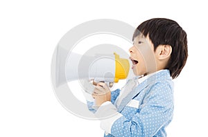 Little boy shouting in megaphone isolated