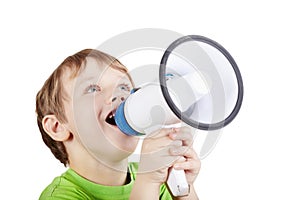 Little boy shouts something into megaphone
