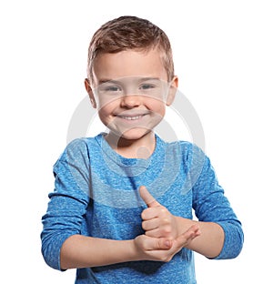 Little boy showing HELP gesture in sign language on white