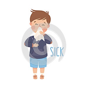 Little Boy Showing Sense of Sickness Suffering from Flu Having Runny Nose Vector Illustration