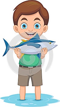 Little boy shows that he got a big fish in the river cartoon