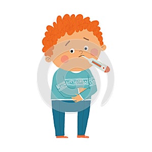 Little boy sick with high fever. Cartoon hand drawn10 illustration isolated on white background in a flat style.