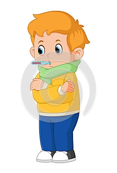 Little boy sick with thermometer in mouth