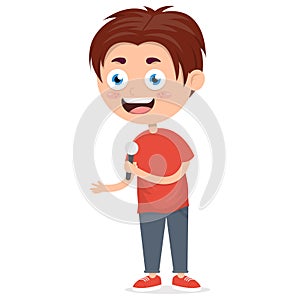little boy singing with microphone in his hand, vocal performance by kid, cartoon vector illustration