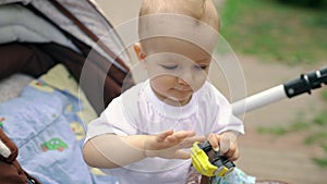 Little boy sits in a baby carriage, plays with a toy car and looks at the camera